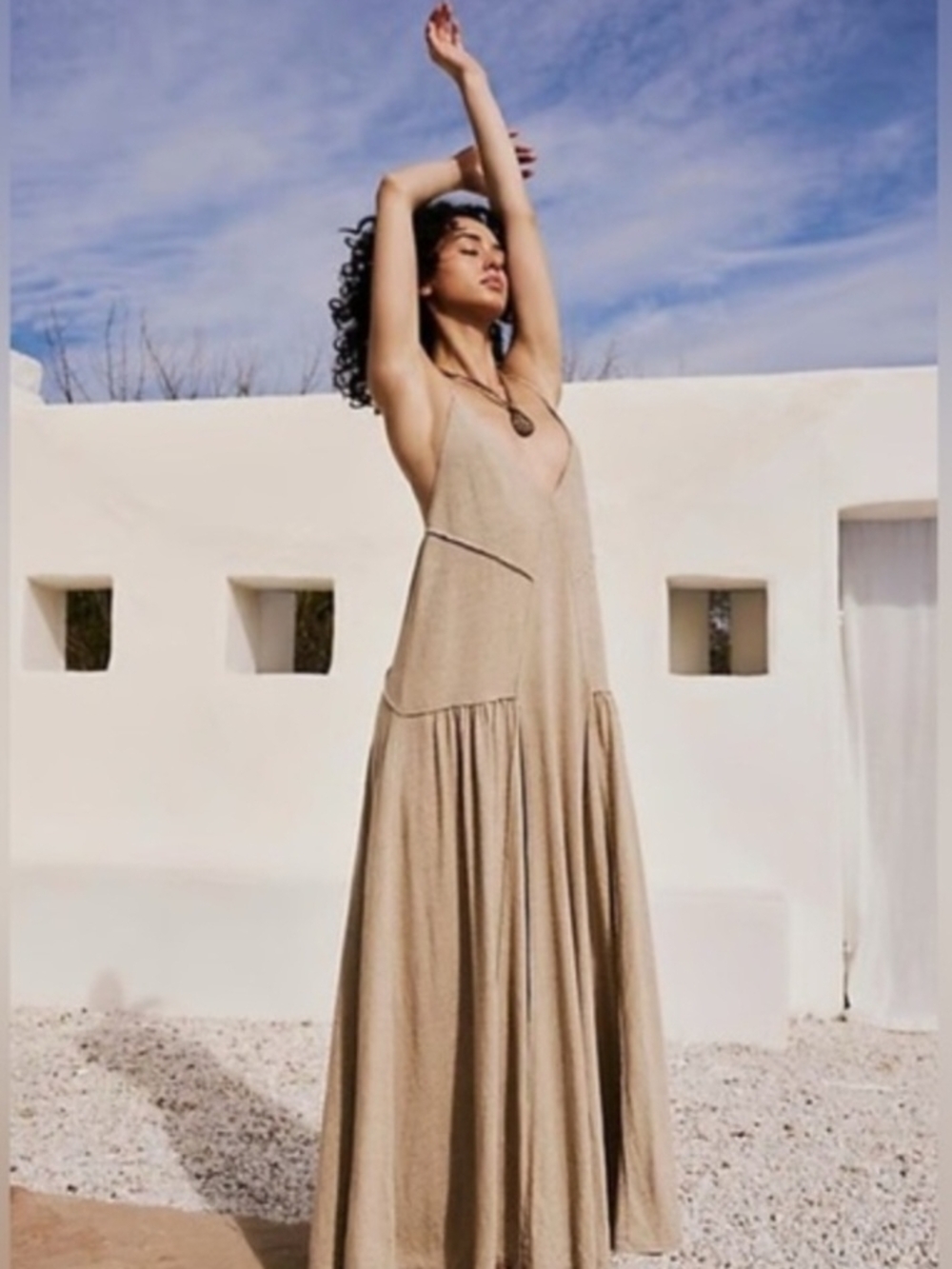 Free People Taupe Sleeveless V-Neck Maxi Dress